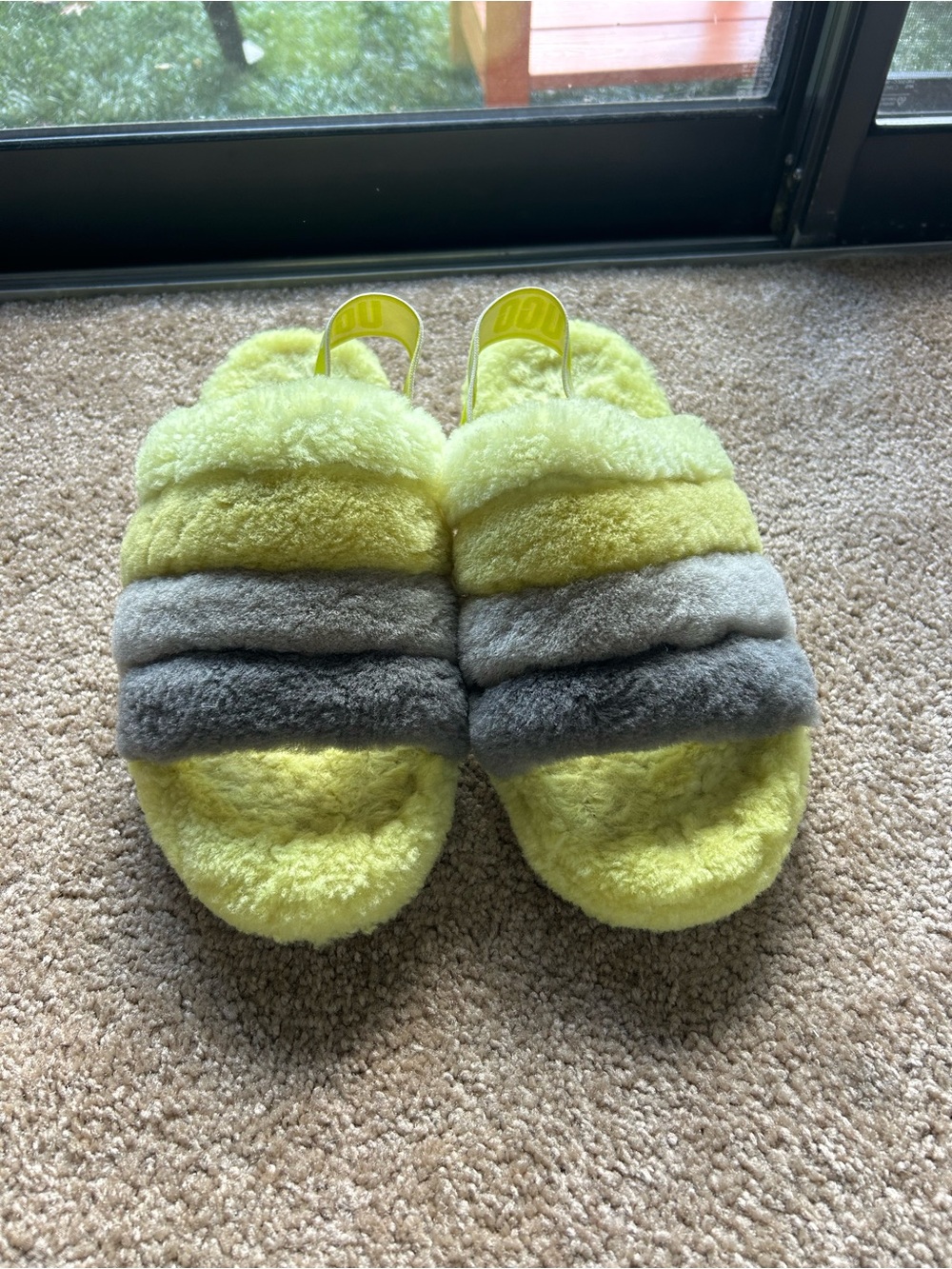 UGG size 9 Fuzzy sheepskin Slide Sandals in Yellow and Gray